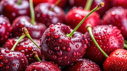 Ripe red cherries glistening with water droplets, ready to be enjoyed, Cherries, Red, Fruit, Fresh, Juicy, Sweet, Refreshing