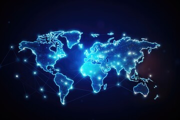 Naklejka premium Abstract digital world map, a global network concept with glowing connections on a blue background. This illustration represents business, technology, and internet communication,generative ai