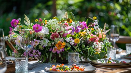 Naklejka premium Blooming Beauty Garden Table Delight with Fresh Organic Easter Salad and Edible Flowers