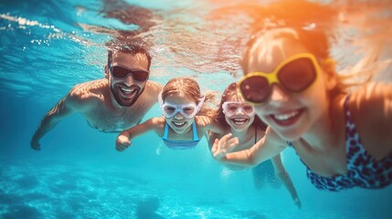 Happy family swimming together in a large pool, vibrant atmosphere