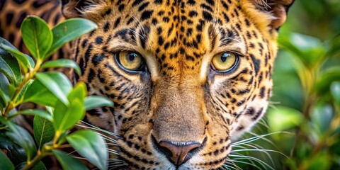 Obraz premium Close-up of a leopard's eye in dense foliage showing intense concentration during a hunt, leopard, eye, close-up, wildlife