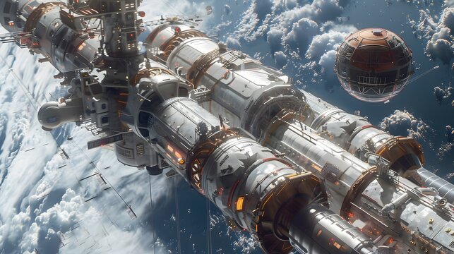 Cosmic zip-line adventure, tethered space station tour, Style Art Design