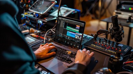 Creative Genius at Work Editing Video with Film Equipment on Laptop