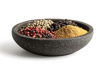 Black, Green, Red, and Yellow Peppercorns in a Bowl