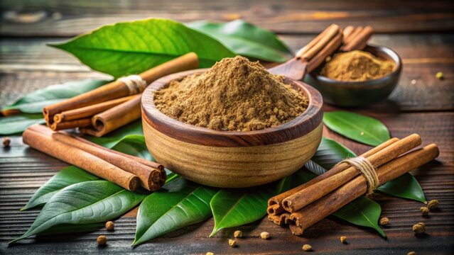 Chandan powder with sticks and green leaves for traditional Indian rituals and calming ambiance , Chandan, sandalwood