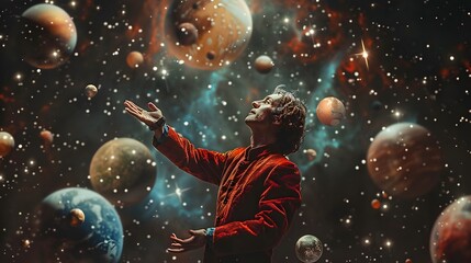 Cosmic juggling show, defying physics with orbiting objects, Style Art Design