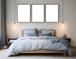 modern bedroom interior design with blank three posters in a wooden frame hang on the wall above the bed ,generative ai