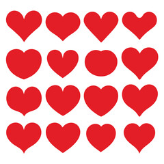Set of Red Heart Flat Cartoon Icons. Romantic Abstract Symbols in Various Shapes for Valentine's Day.