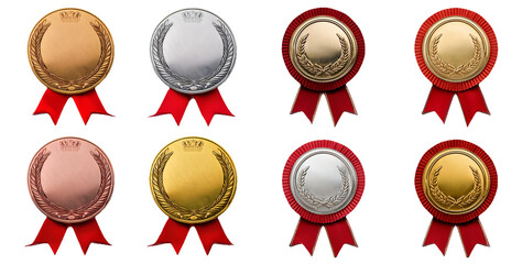 Set of award medals with red ribbons in gold silver and bronze isolated on transparent background