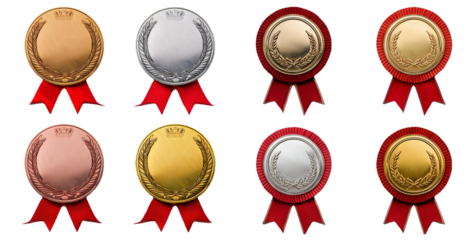 Set of award medals with red ribbons in gold silver and bronze isolated on transparent background