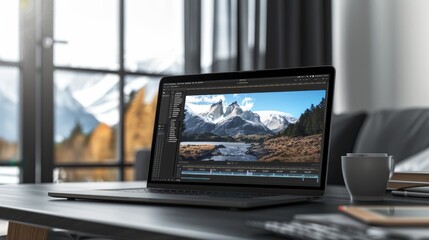 Fototapeta premium Digital Mastery Transforming Nature's Beauty Landscape Photographer Editing Breathtaking Scenery on Laptop with Editing Software