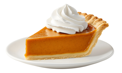 Slice of Classic Pumpkin Pie Whipped Cream Plate Transparent Background Cutout