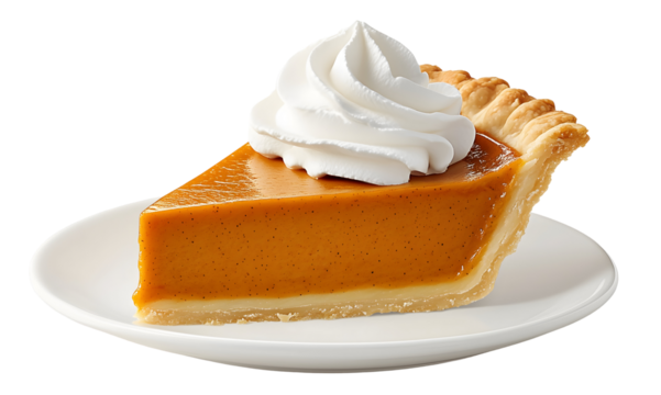 Slice of Classic Pumpkin Pie Whipped Cream Plate Transparent Background Cutout