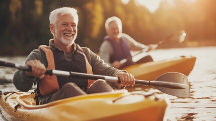 Senior men kayaking on a tranquil lake during sunset, enjoying laughter and nature on a warm afternoon outing in the great outdoors