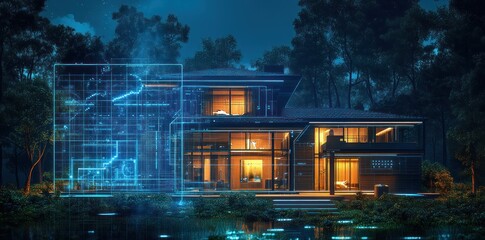 Modern house with futuristic digital overlay at night