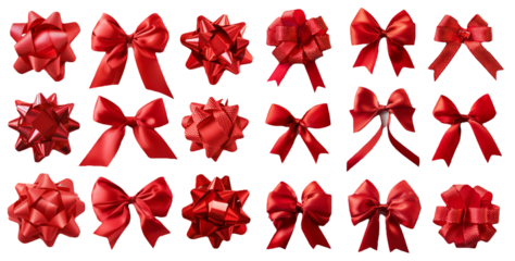 Collection of red bows in different styles isolated on transparent background