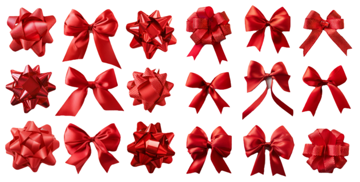 Collection of red bows in different styles isolated on transparent background