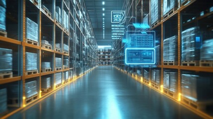 A sleek inventory management system in a high-tech warehouse with futuristic design