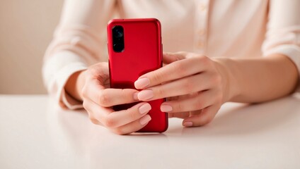 Fototapeta premium Close-up of a smartphone in a young woman's hands, showcasing a modern and connected lifestyle