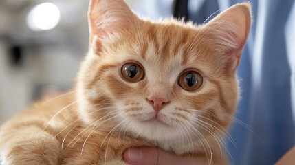 Cat sitting on a vet lap purring during a calm consultation