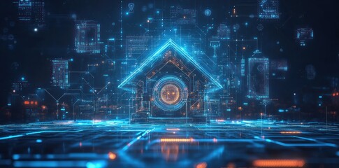 Digital House with Glowing Lines and Circuitry