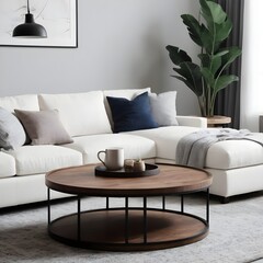 modern living room featuring a white sofa, wooden coffee table, and decorative plants