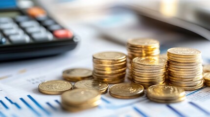 Coins and calculator on financial documents for saving money planning