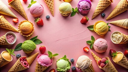 Summer ice cream poster featuring various flavors on a pink background, summer, ice cream, poster, pink, background, flavors