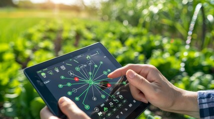 Smart Technology in Action Hands on Tablet Adjusting Irrigation Controller in Lush Green Field