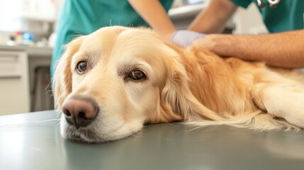 Dog lying calmly on a vet table while being checked for any health issues