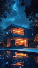 Modern House with Illuminated Windows Reflecting in a Pool Under a Starry Sky