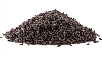 A Heap of High Quality Loose Black Tea Leaves isolated on a Pure White Background. Tea Brewing