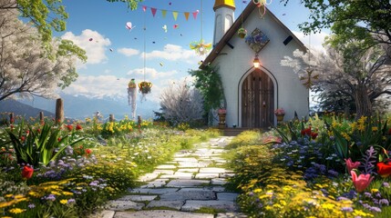 Naklejka premium Blooming Easter Serenity Rural Church Adorned with Spring Flowers and Inviting Open Door