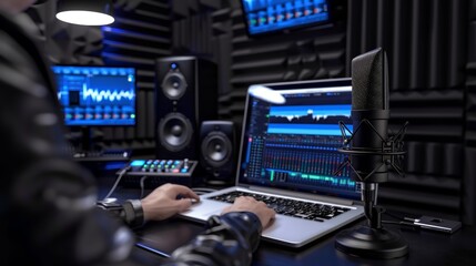 Sound Waves and Creative Vibes Professional Recording Studio Setup with Laptop Microphone and Studio Monitors for Voice Recording