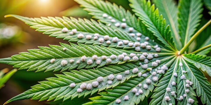 Closeup of a mealybug infestation on a cannabis leaf in an outdoor garden setting , mealybug, pest, cannabis, hemp