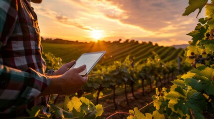 Sundrenched Vineyard Farmer Testing Soil pH with Tablet at Sunset