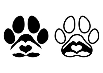 Logo pet friendly. Silueta de pata de gato o perro con manos haciendo forma de corazón