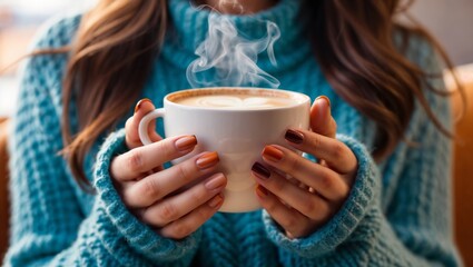 Close-up of a woman's hands in a turquoise sweater holding a cup of cappuccino. She has a perfect manicure in autumn shades, showcasing a cozy fall vibe with warm, inviting tones