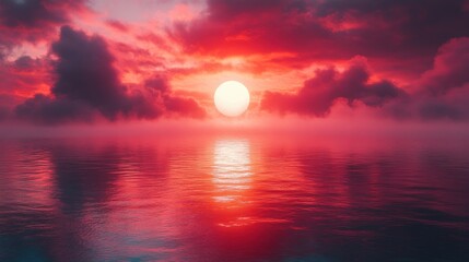 Fototapeta premium 3d render abstract backgroun3d with pink clou3d levitating inside bright glowing ring roun3d neon frame with reflection in the water minimal futuristic seascape