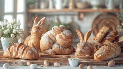 Baking Bliss Whimsical Easter Bunny Bread and Pastries on a Rustic Farmhouse Kitchen Counter