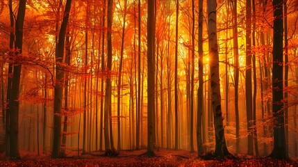 A forest of tall, slender trees with fiery autumn leaves, bathed in warm, golden light, creating a serene and cozy atmosphere