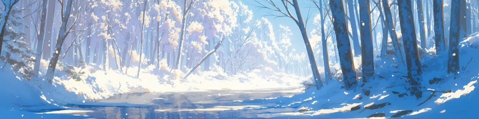 Enchanting Anime-Style Winter Forest Stream: Serene Snowy Landscape with Radiant Sunbeams. Minimalist Cartoon Illustration of Peaceful Snow-Covered Trees and Flowing Creek, Perfect for Holiday Marketi
