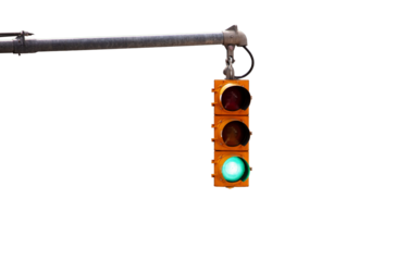 Green traffic light hanging isolated on white transparent, go sign 