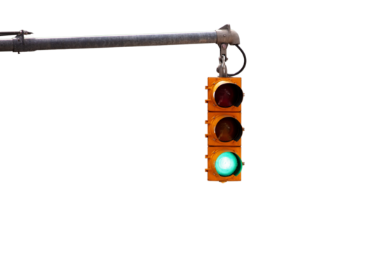 Green traffic light hanging isolated on white transparent, go sign 