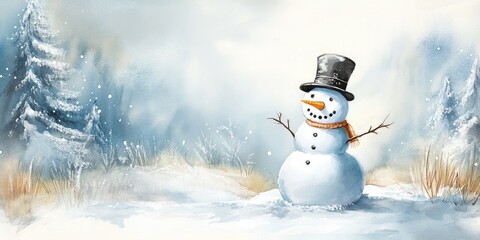 Obraz premium Watercolor illustration of a snowman in a winter landscape suitable for cards invitations and greetings