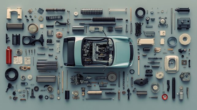 flat design, grey background, every single part or component of a car, in the middle a cannibalized car, 16:9