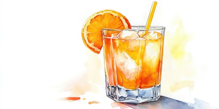 Watercolor illustration of an orange cocktail served in a figurine glass with a straw perfect for a summer menu