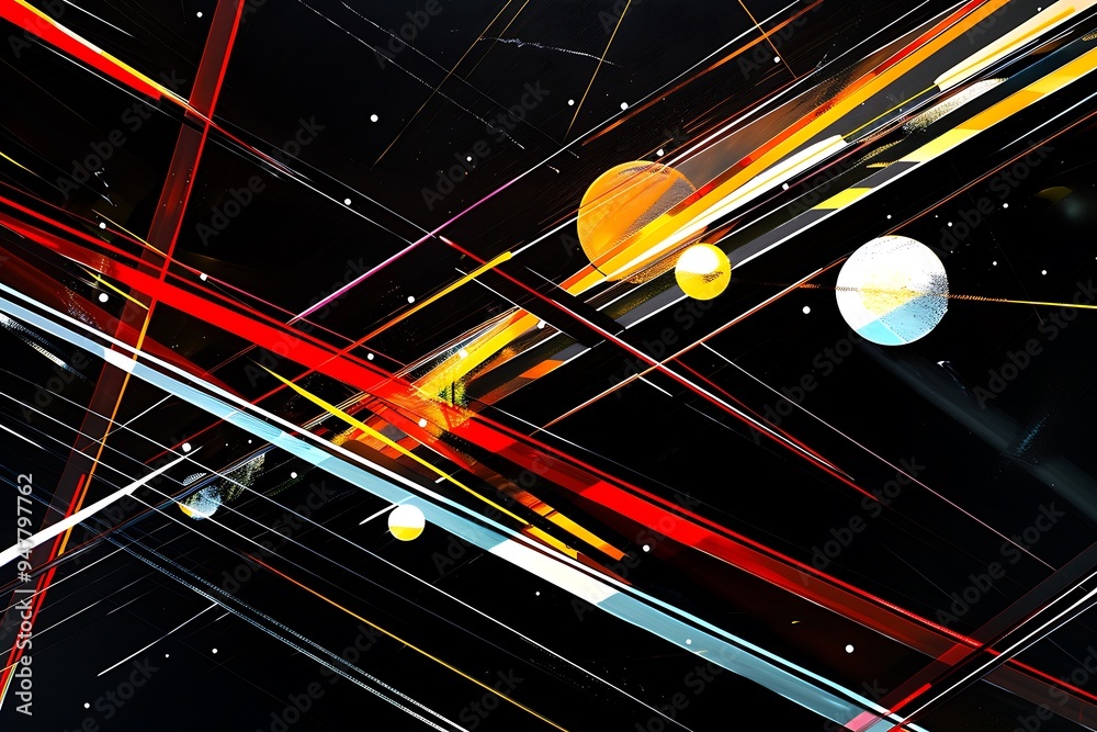 Wall mural minimalist abstract art featuring sharp diagonal lines and bright circles, creating a sense of energ
