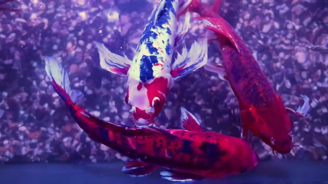 Koi carp or brocade carp. Tropical bright pisces that can live in aquariums, oceanariums or sea, ocean. Snorkeling and diving, observing exotic fish