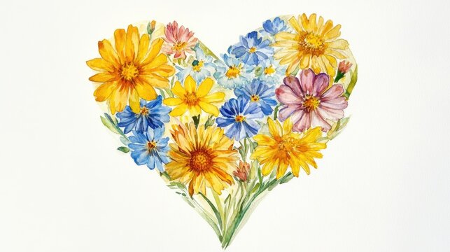 Watercolor illustration of spring flowers in a heart shape Hand painted depiction of a lovely dandelion plant Bouquet of spring flowers from the Asteraceae family Cichorieae tribe